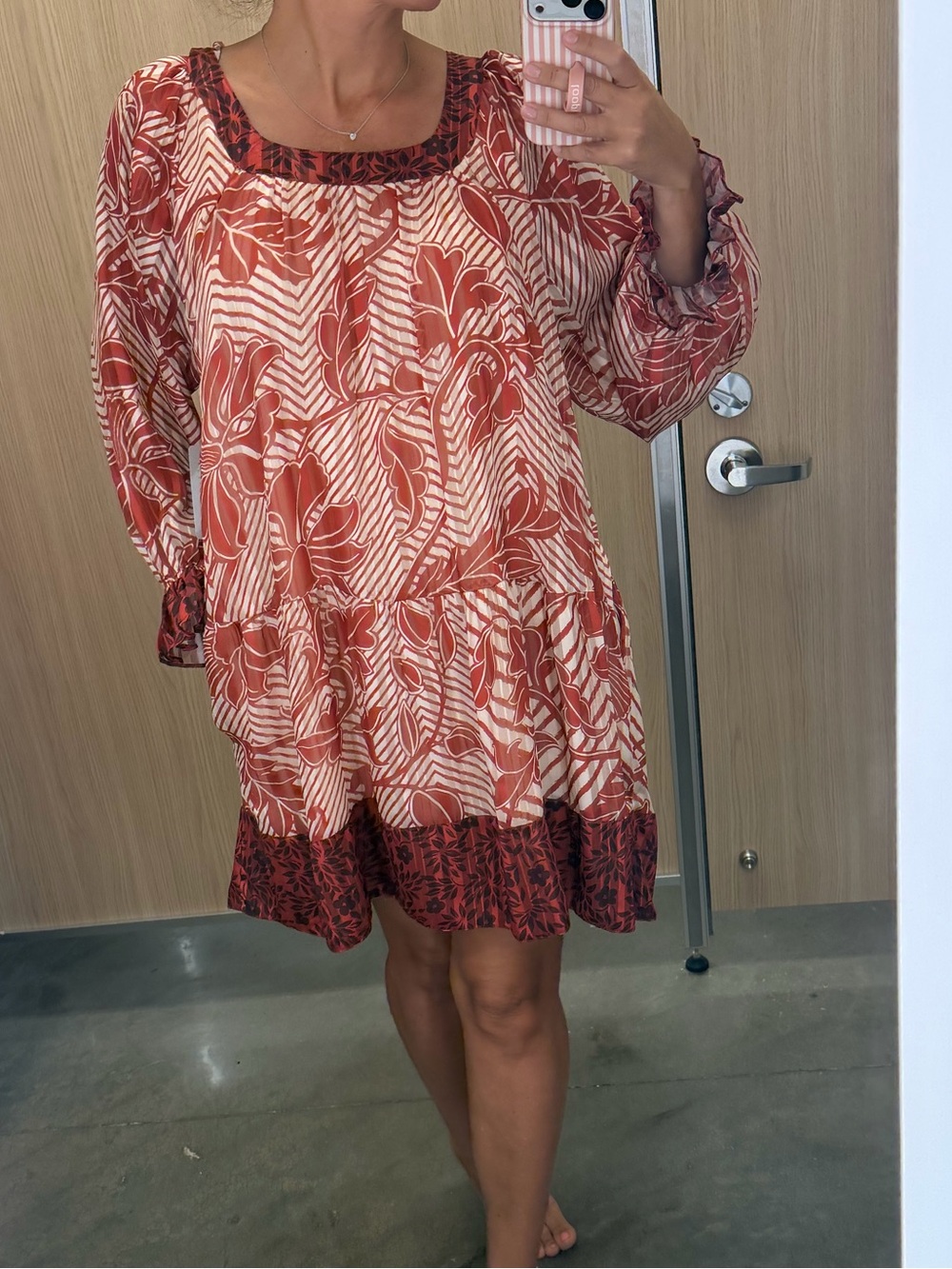 CIebon Boho Red Leaf Print Tiered Mini Dress
